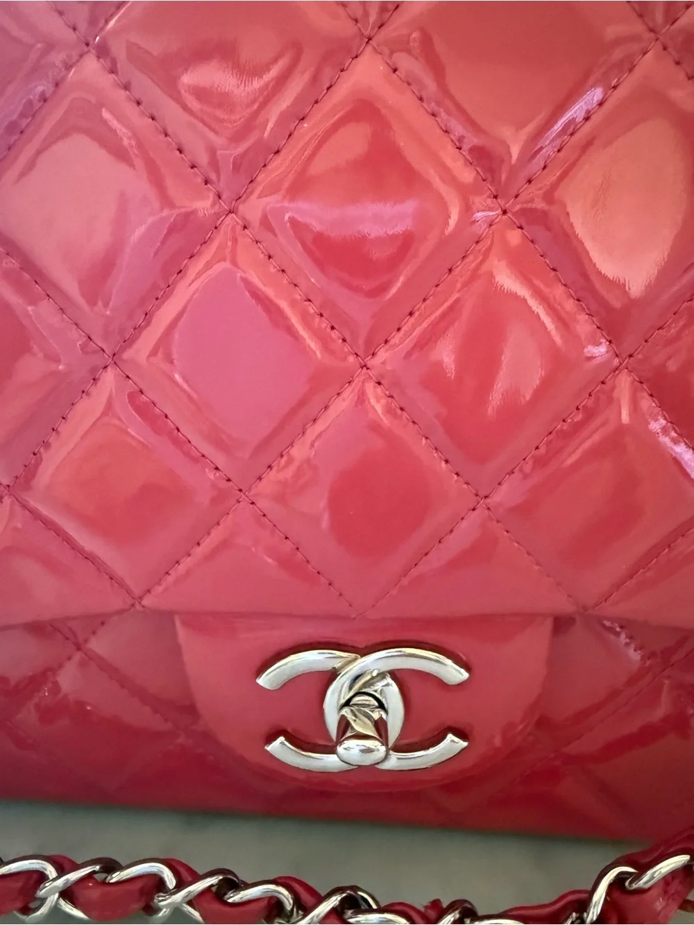 CHANEL Pink Quilted Patent Leather Shoulder Bag with Chain Strap
